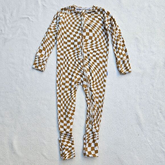 Brixton Phoenix Cream and Brown Wavy Checker Bamboo Zip Romper 12-18M - Picture 1 of 9